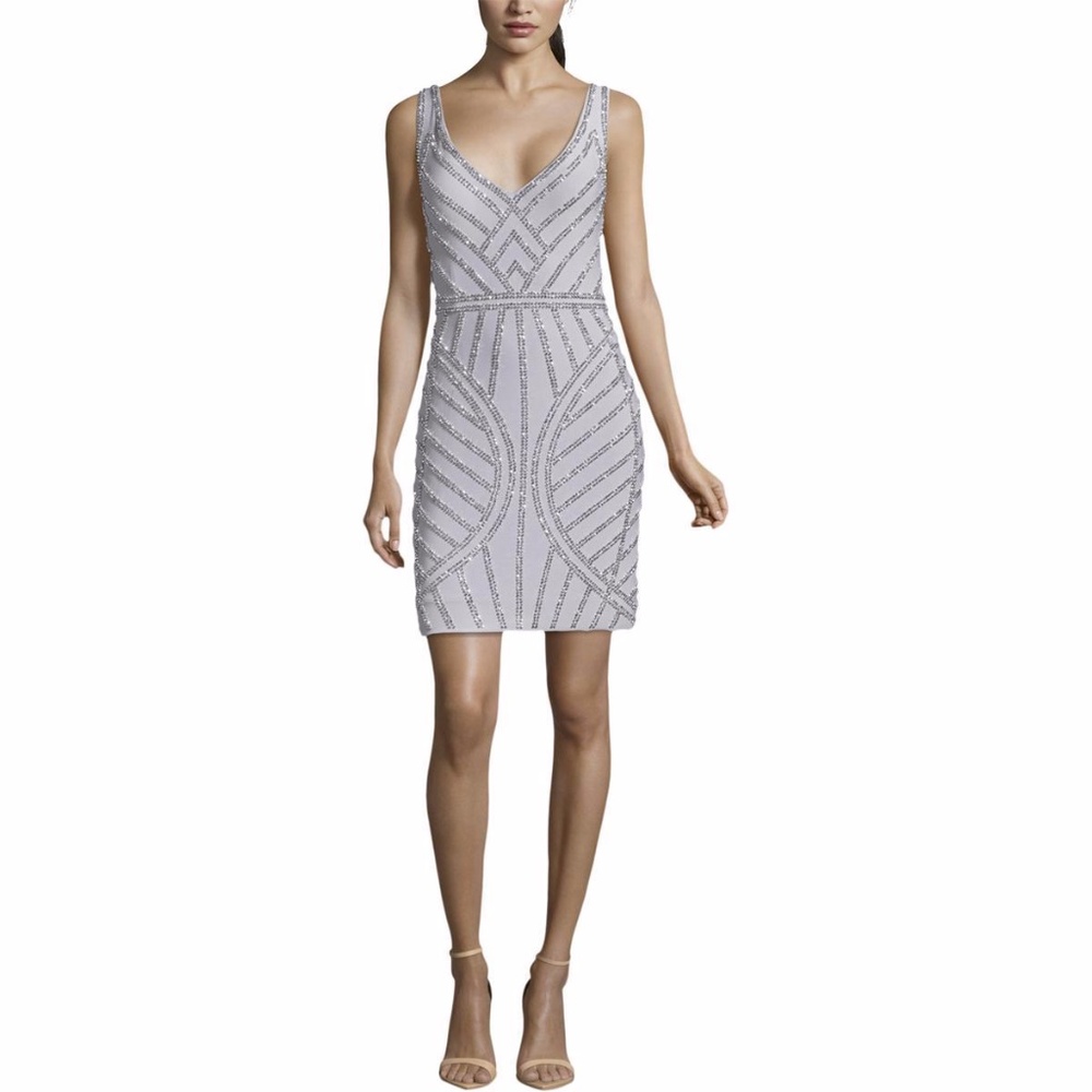 XSCAPE Beaded V Neck Cocktail Dress